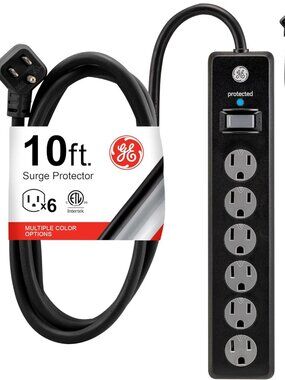 2 Pack NWT GE Surge Protector Power Strip 10' Extension Cord, 6 Outlets, Black